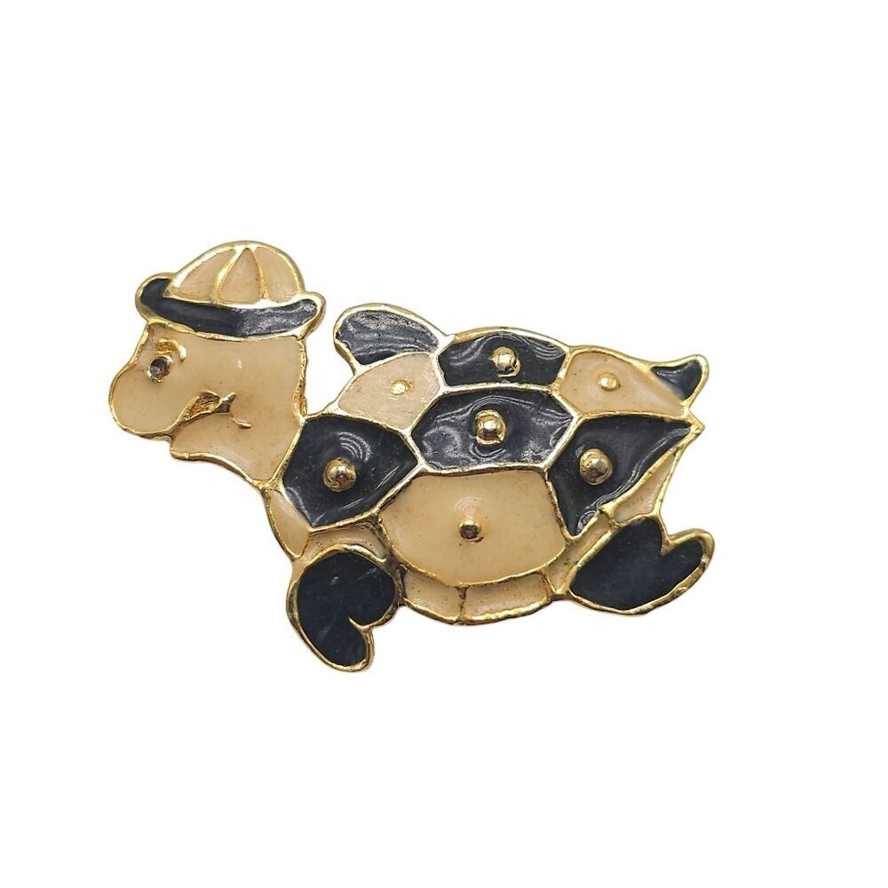 Vintage Gold Tone Turtle Brooch With Black Cream Enamel Finish